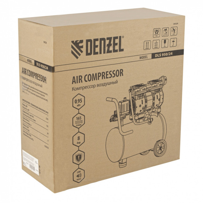 Компрессор DLS950/24 безмаслянный малошумный 950 Вт, 165 л/мин, ресивер 24 л Denzel Компрессор DLS950/24 безмаслянный малошумный 950 Вт, 165 л/мин, ресивер 24 л Denzel