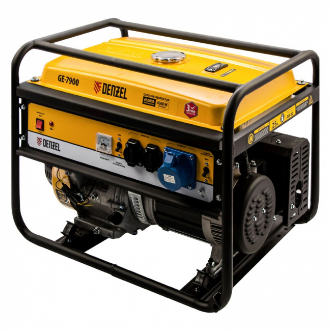 Генератор бензиновый GE 7900, 6.5 кВт, 220 В/50 Гц, 25 л, ручной пуск Denzel