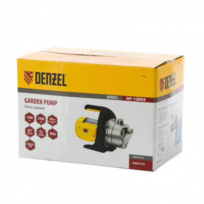 Садовый поверхностный насос GP1200Х, 1200 Вт, 3700 л/ч, подъем 46 м, нержавейка Denzel Садовый поверхностный насос GP1200Х, 1200 Вт, 3700 л/ч, подъем 46 м, нержавейка Denzel