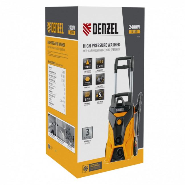 Моечная машина высокого давления R-180i, 2400 Вт, 180 бар, 7.5 л/мин, асинхронный двигатель Denzel ( 58236 )