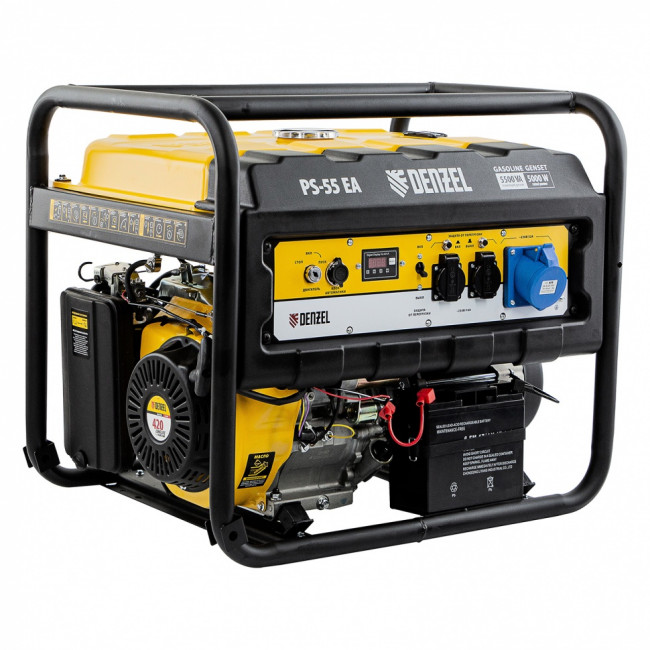 Генератор бензиновый PS 55 EA, 5.5 кВт, 230 В, 25 л, коннектор автоматики, электростартер Denzel Генератор бензиновый PS 55 EA, 5.5 кВт, 230 В, 25 л, коннектор автоматики, электростартер Denzel
