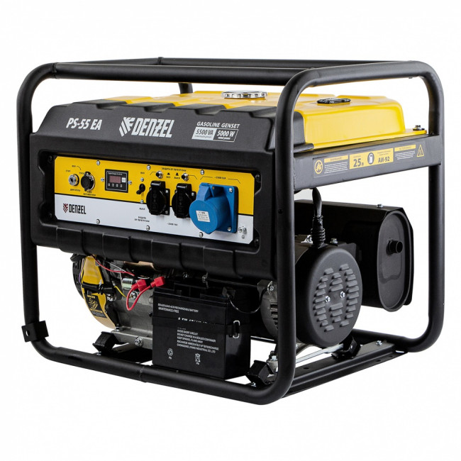 Генератор бензиновый PS 55 EA, 5.5 кВт, 230 В, 25 л, коннектор автоматики, электростартер Denzel Генератор бензиновый PS 55 EA, 5.5 кВт, 230 В, 25 л, коннектор автоматики, электростартер Denzel