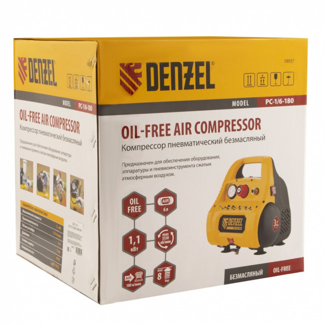 Компрессор воздушный безмасляный РС 1/6-180,1, 1 кВт, 180 л/мин, 6 л Denzel Компрессор воздушный безмасляный РС 1/6-180,1, 1 кВт, 180 л/мин, 6 л Denzel