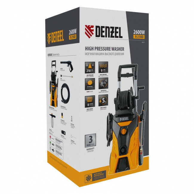 Моечная машина высокого давления R-210iD, 2600 Вт, 210 бар, 8.0 л/мин, асинхронный двигатель, барабан Denzel ( 58237 )