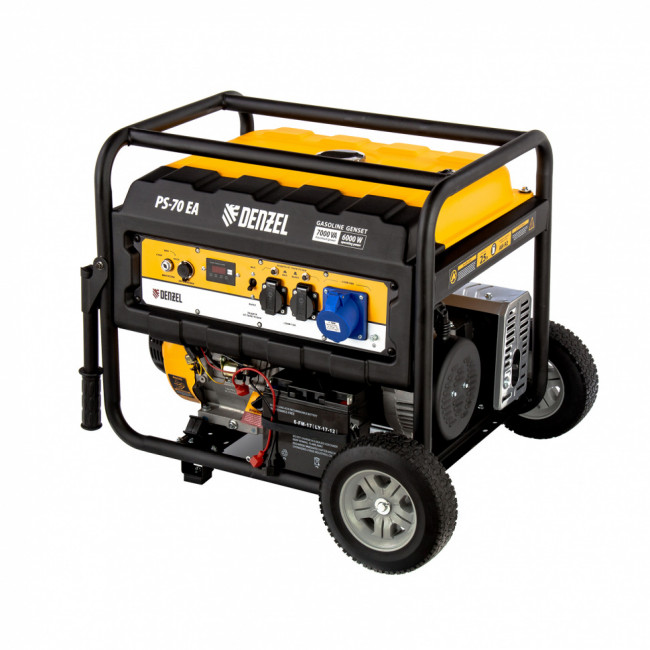 Генератор бензиновый PS 70 EA, 7.0 кВт, 230 В, 25 л, коннектор автоматики, электростартер Denzel Генератор бензиновый PS 70 EA, 7.0 кВт, 230 В, 25 л, коннектор автоматики, электростартер Denzel