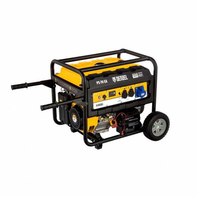 Генератор бензиновый PS 70 EA, 7.0 кВт, 230 В, 25 л, коннектор автоматики, электростартер Denzel Генератор бензиновый PS 70 EA, 7.0 кВт, 230 В, 25 л, коннектор автоматики, электростартер Denzel