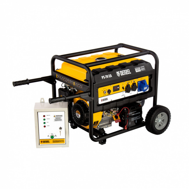 Генератор бензиновый PS 70 EA, 7.0 кВт, 230 В, 25 л, коннектор автоматики, электростартер Denzel Генератор бензиновый PS 70 EA, 7.0 кВт, 230 В, 25 л, коннектор автоматики, электростартер Denzel