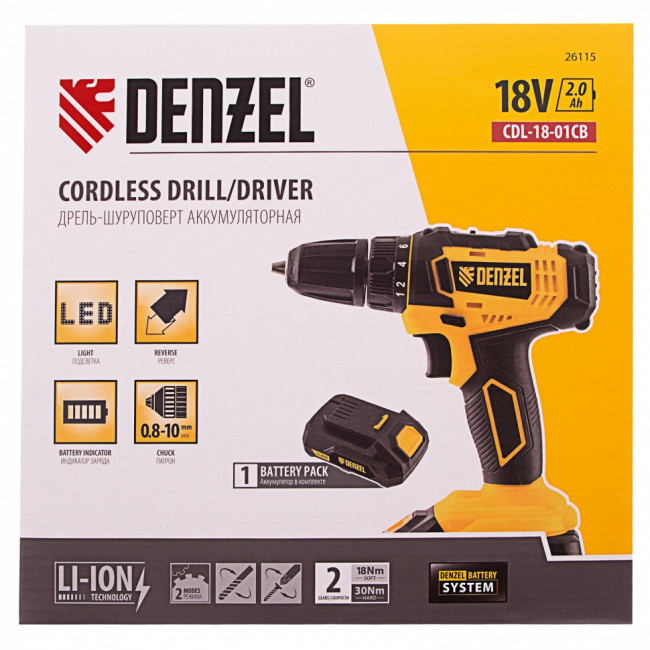 Дрель-шуруповерт аккумуляторная CDL-18-01CB, Li-Ion, 18 В, 1 аккумулятор Denzel ( 26115 )
