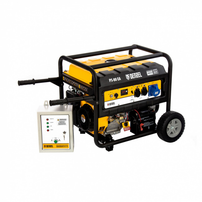 Генератор бензиновый PS 80 EA, 8.0 кВт, 230 В, 25 л, коннектор автоматики, электростартер Denzel Генератор бензиновый PS 80 EA, 8.0 кВт, 230 В, 25 л, коннектор автоматики, электростартер Denzel