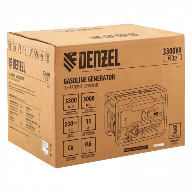 Генератор бензиновый PS-33E, 3.3 кВт, 230В, 15 л, электростартер Denzel ( 94537 ) Генератор бензиновый PS-33E, 3.3 кВт, 230В, 15 л, электростартер Denzel ( 94537 )