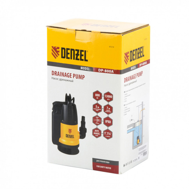 Дренажный насос DP800A, 800 Вт, подъем 5 м, 13000 л/ч Denzel Дренажный насос DP800A, 800 Вт, подъем 5 м, 13000 л/ч Denzel
