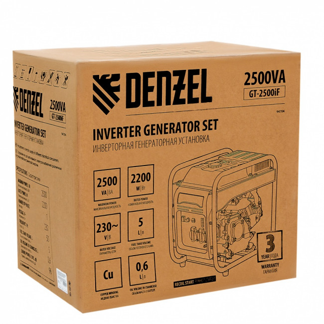 Генератор инверторный GT-2500iF, 2.5 кВт, 230 В, бак 5 л, открытый корпус, ручной старт Denzel ( 94704 ) Генератор инверторный GT-2500iF, 2.5 кВт, 230 В, бак 5 л, открытый корпус, ручной старт Denzel ( 94704 )