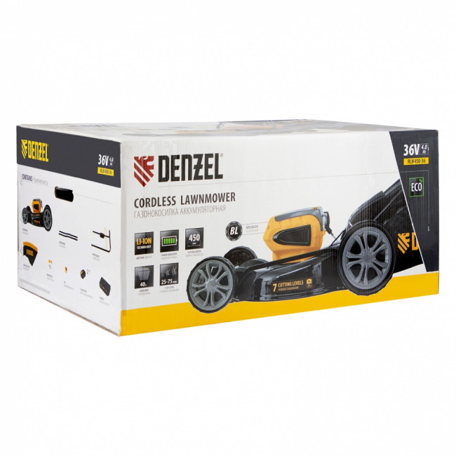 Газонокосилка аккумуляторная бесщеточная RLM450-36, Li-ion, 36 В, 4 Ач, 450 мм, травосборник 40 л Denzel ( 58910 ) Газонокосилка аккумуляторная бесщеточная RLM450-36, Li-ion, 36 В, 4 Ач, 450 мм, травосборник 40 л Denzel ( 58910 )