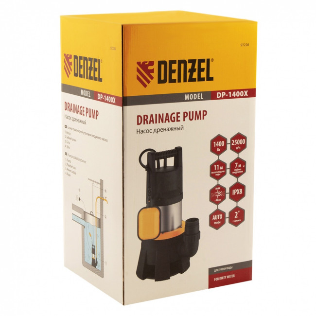 Дренажный насос DP1400X, 1400 Вт, подъем 11 м, 25000 л/ч Denzel Дренажный насос DP1400X, 1400 Вт, подъем 11 м, 25000 л/ч Denzel
