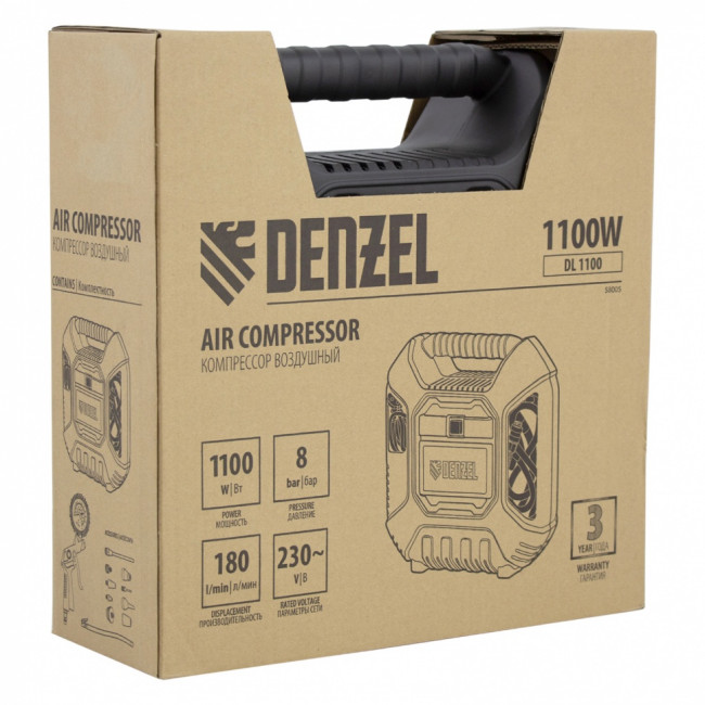 Компрессор воздушный DL1100 1.1 кВт, 180 л/мин, с набором аксессуаров Denzel ( 58005 ) Компрессор воздушный DL1100 1.1 кВт, 180 л/мин, с набором аксессуаров Denzel ( 58005 )