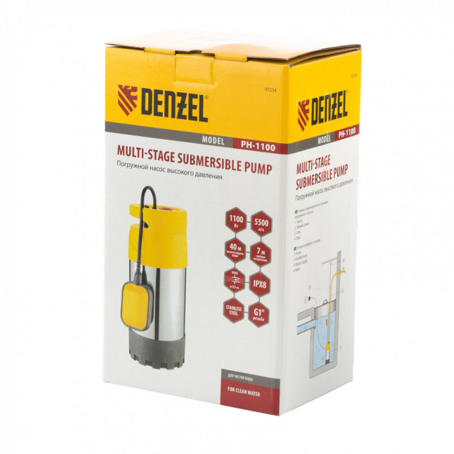 Погружной насос высокого давления PH1100, 1100Вт, подъем 40м, 5500 л/ч Denzel Погружной насос высокого давления PH1100, 1100Вт, подъем 40м, 5500 л/ч Denzel