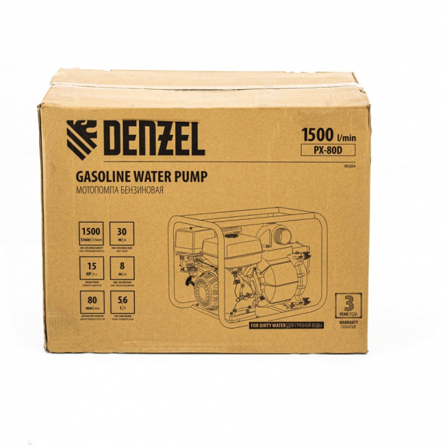 Мотопомпа бензиновая для грязной воды PX-80D, 15 л.с, 3", 1500 л/мин, глубина 8 м , напор 30 м Denzel ( 99204 ) Мотопомпа бензиновая для грязной воды PX-80D, 15 л.с, 3", 1500 л/мин, глубина 8 м , напор 30 м Denzel ( 99204 )