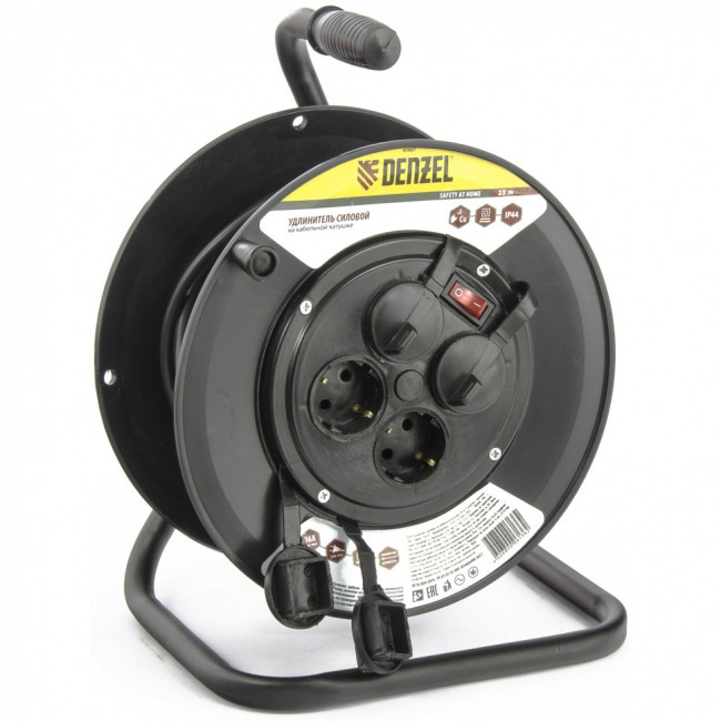Удлинитель силовой на кабельной катушке, 25 м, 4 розетки с крышкой, IP44, 16 А, серия УХз16 Denzel Удлинитель силовой на кабельной катушке, 25 м, 4 розетки с крышкой, IP44, 16 А, серия УХз16 Denzel