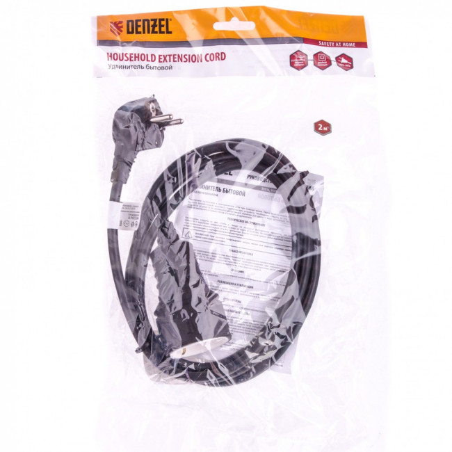 Удлинитель бытовой с заземлением, 2 м, 1 прорезиненная розетка, 16 A, серия УХз16 Denzel, ( 95916 )