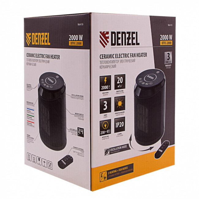 Тепловентилятор электрический керамический DTFC-2000, пульт, 3 режима, вентилятор, нагрев 1000/2000 Вт Denzel ( 96419 )