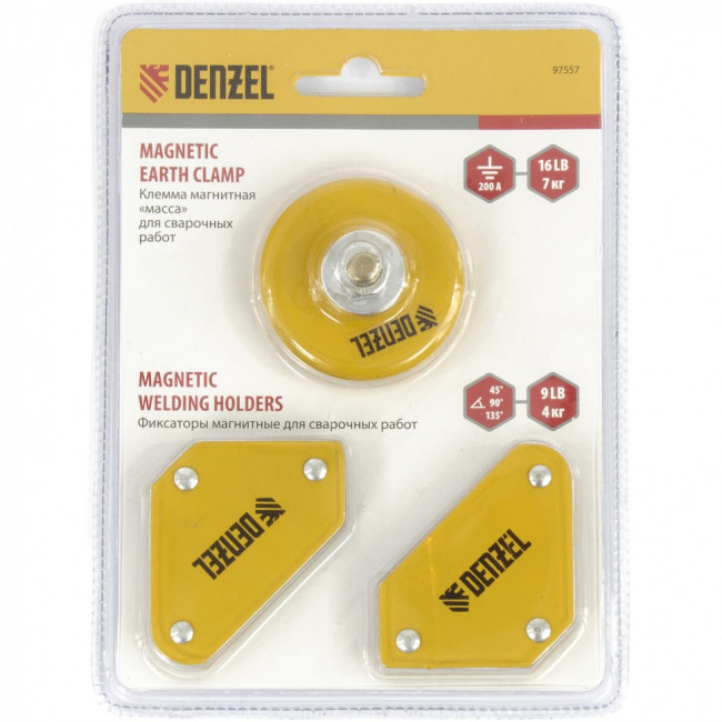 Набор из 2 магнитных сварочных фиксаторов и магнитной клеммы &quot;масса&quot; Denzel