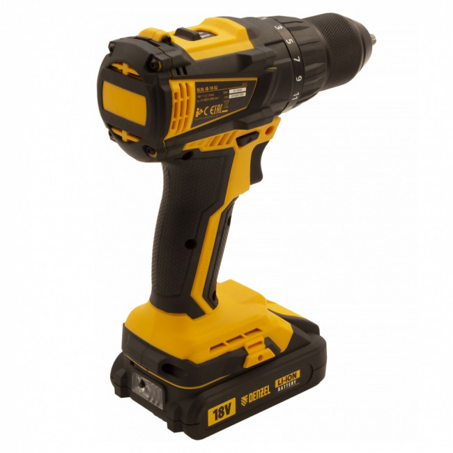 Дрель-шуруповерт аккумуляторная с бесщеточным двигателем BLDL-IB-18-02, Li-Ion, 18 В, 1.5 А/ч, 2 аккумулятора Denzel