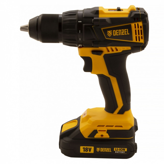 Дрель-шуруповерт аккумуляторная с бесщеточным двигателем BLDL-IB-18-02, Li-Ion, 18 В, 1.5 А/ч, 2 аккумулятора Denzel