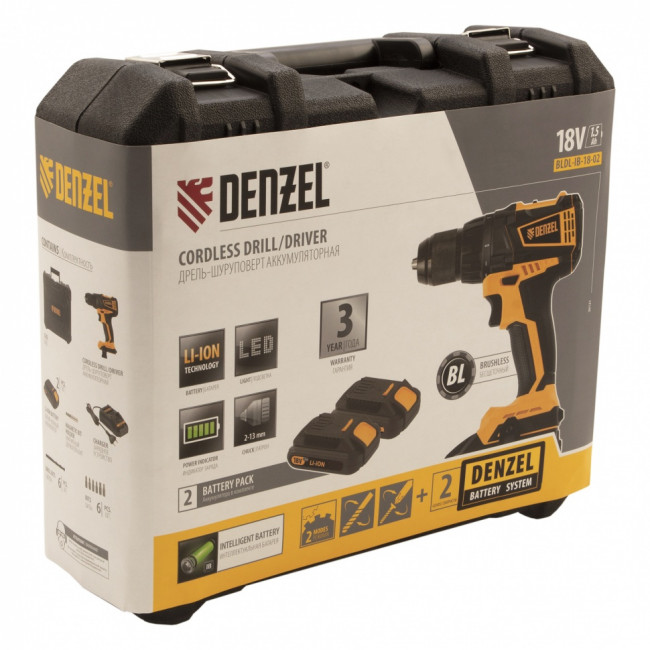 Дрель-шуруповерт аккумуляторная с бесщеточным двигателем BLDL-IB-18-02, Li-Ion, 18 В, 1.5 А/ч, 2 аккумулятора Denzel