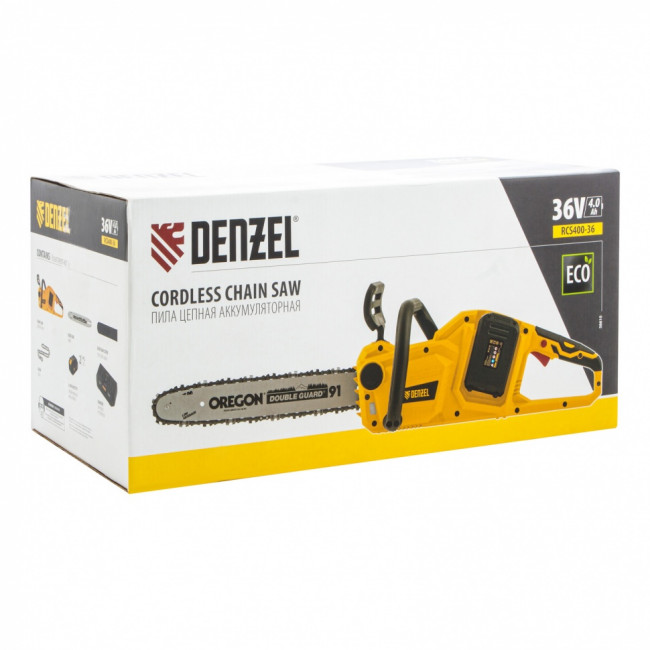 Цепная пила аккумуляторная бесщеточная RCS400-36, Li-ion, 36 В, 4 Ач, шина 400 мм Denzel ( 58610 )