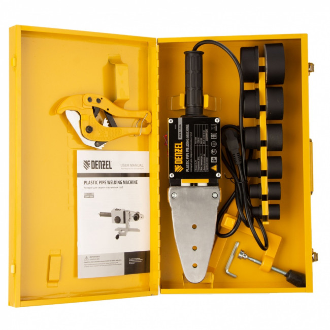 Аппарат для сварки пластиковых труб DWP-1500, 1500 Вт, 260-300 град, комплект насадок, 20-63 мм Denzel Аппарат для сварки пластиковых труб DWP-1500, 1500 Вт, 260-300 град, комплект насадок, 20-63 мм Denzel
