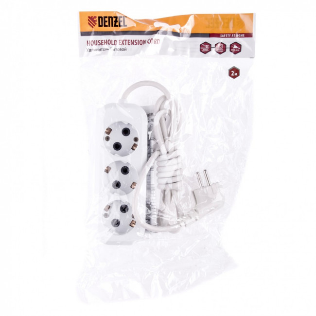 Удлинитель бытовой, серия УХз-10-302, с заземлением, 2 м, 3 розетки, 10 A Denzel, ( 95965 )