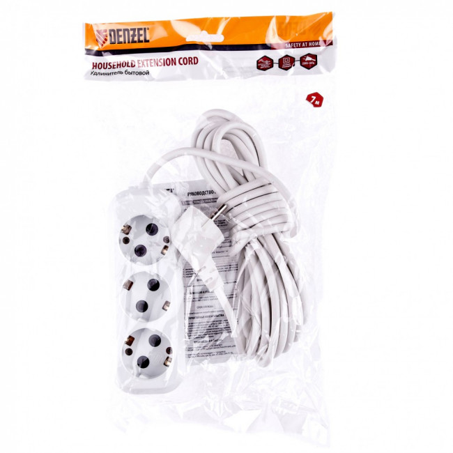 Удлинитель бытовой, серия УХз-10-307, с заземлением, 7 м, 3 розетки, 10 А Denzel Удлинитель бытовой, серия УХз-10-307, с заземлением, 7 м, 3 розетки, 10 А Denzel