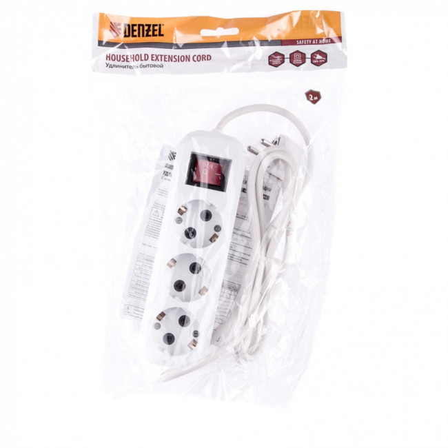 Удлинитель бытовой, с заземлением и выключателем, 2 м, 3 розетки, 10 A, серия УХз10 Denzel, ( 95970 ) Удлинитель бытовой, с заземлением и выключателем, 2 м, 3 розетки, 10 A, серия УХз10 Denzel, ( 95970 )