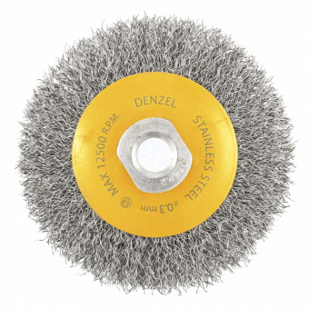 Щетка для УШМ, 100 мм, "Тарелка", витая нержавеющая проволока 0.3 мм, М14 Denzel