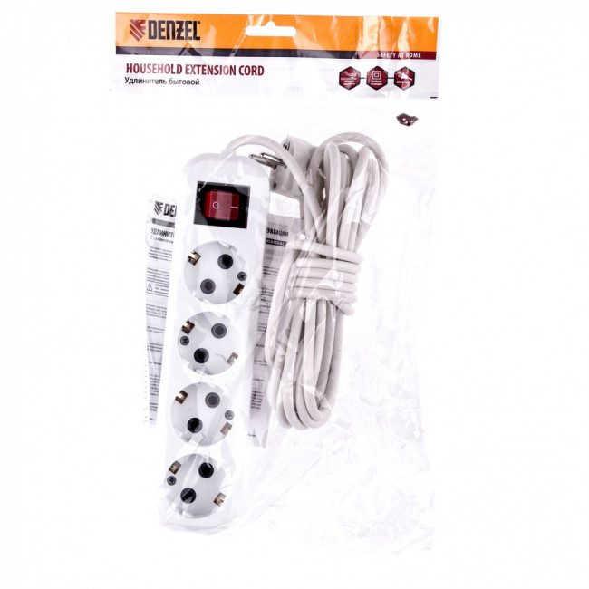 Удлинитель бытовой, с заземлением и выключателем, 5 м, 4 розетки, 10 A, серия УХз10 Denzel, ( 95978 ) Удлинитель бытовой, с заземлением и выключателем, 5 м, 4 розетки, 10 A, серия УХз10 Denzel, ( 95978 )