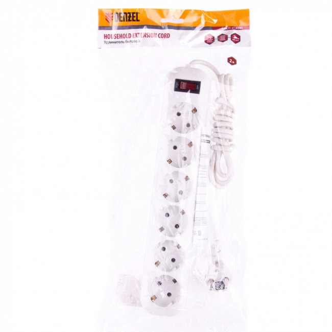 Удлинитель бытовой, с заземлением и выключателем, 2 м, 6 розеток, 10 A, серия УХз10 Denzel Удлинитель бытовой, с заземлением и выключателем, 2 м, 6 розеток, 10 A, серия УХз10 Denzel