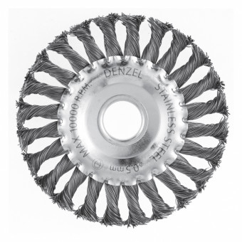 Щетка для УШМ, 125 мм, "Плоская", крученая нержавеющая проволока 0.5 мм, посадка 22.2 мм Denzel Щетка для УШМ, 125 мм, "Плоская", крученая нержавеющая проволока 0.5 мм, посадка 22.2 мм Denzel