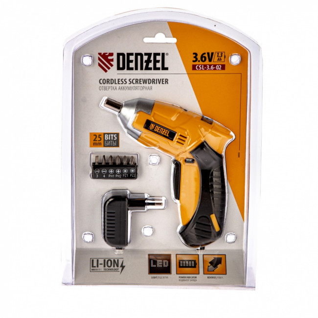 Отвертка аккумуляторная CSL-3.6-02, Li-Ion, 3.6 В, 1.3 А*ч, в блистере Denzel Отвертка аккумуляторная CSL-3.6-02, Li-Ion, 3.6 В, 1.3 А*ч, в блистере Denzel