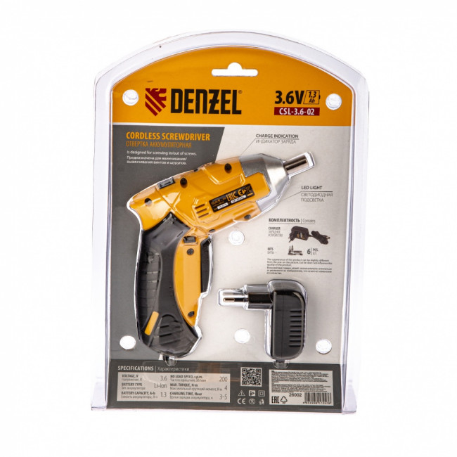 Отвертка аккумуляторная CSL-3.6-02, Li-Ion, 3.6 В, 1.3 А*ч, в блистере Denzel Отвертка аккумуляторная CSL-3.6-02, Li-Ion, 3.6 В, 1.3 А*ч, в блистере Denzel
