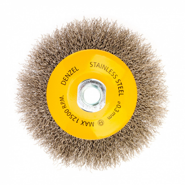 Щетка для УШМ, 125 мм, "Тарелка", витая нержавеющая проволока 0.3 мм, М14 Denzel