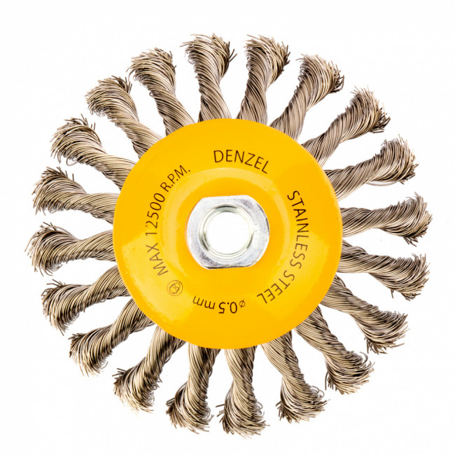 Щетка для УШМ, 125 мм, &quot;Тарелка&quot;, крученая нержавеющая проволока 0.5 мм, М14 Denzel