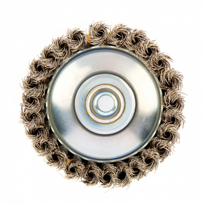 Щетка для УШМ, 125 мм, "Чашка", крученая нержавеющая проволока 0.5 мм, М14 Denzel Щетка для УШМ, 125 мм, "Чашка", крученая нержавеющая проволока 0.5 мм, М14 Denzel