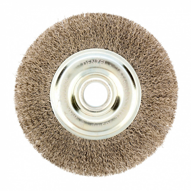 Щетка для УШМ, 150 мм, "Плоская", витая нержавеющая проволока 0.3 мм, посадка 22.2 мм Denzel