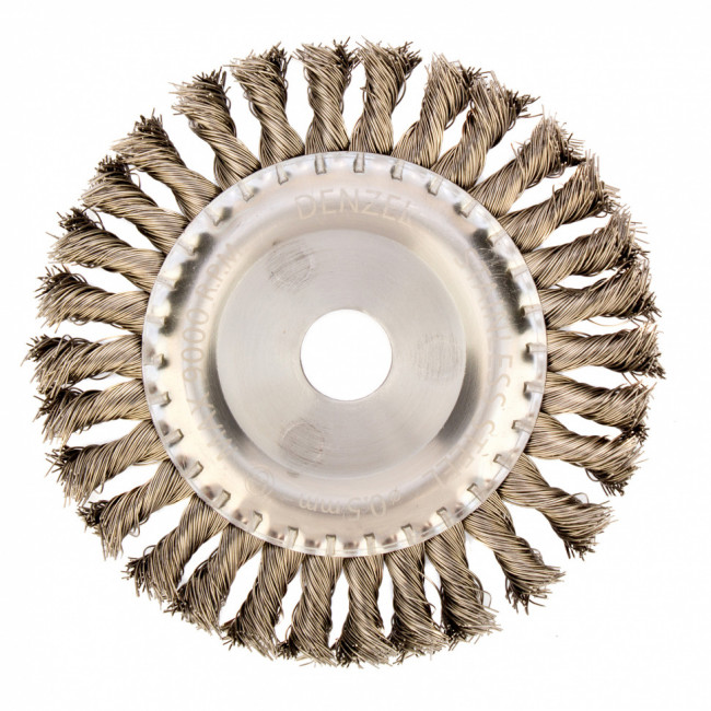 Щетка для УШМ, 150 мм, "Плоская", крученая нержавеющая проволока 0.5мм, посадка 22.2 мм Denzel