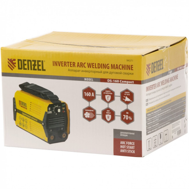 Аппарат инверторный дуговой сварки DS-160 Compact, 160 А, ПВ 70%, диаметр электрода 1,6-3,2 мм Denzel, ( 94371 ) Аппарат инверторный дуговой сварки DS-160 Compact, 160 А, ПВ 70%, диаметр электрода 1,6-3,2 мм Denzel, ( 94371 )