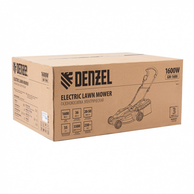 Газонокосилка электрическая GM-1600, 1600 Вт, ширина 36 см, 3 уровя, травосборник 35 л. Denzel Газонокосилка электрическая GM-1600, 1600 Вт, ширина 36 см, 3 уровя, травосборник 35 л. Denzel